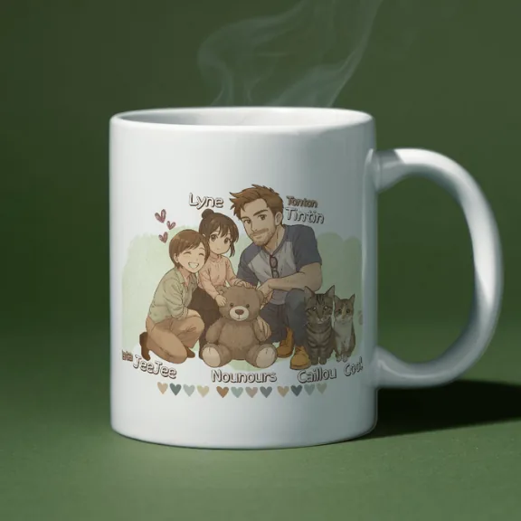 Mug personnalisé illustré avec une famille et ses animaux, prénoms inscrits autour