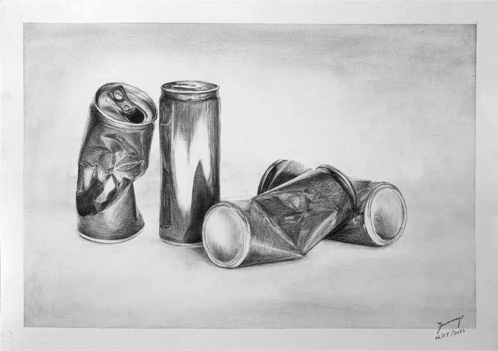 Canettes de soda écrasées, dessin au graphite