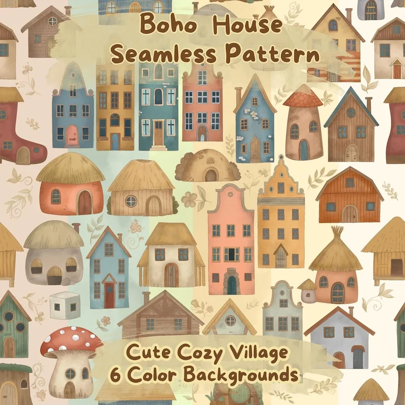 Boho House Seamless Pattern — village de maisons aquarelle style boho